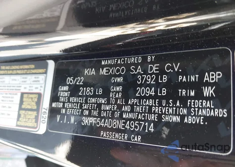 2022 Kia Forte Gt-Line from USA, damaged, VIN 3KPF54AD8NE495714